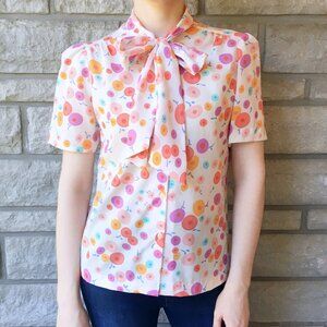 Vintage Abstract Print Secretary Button Down with Neck Bow
